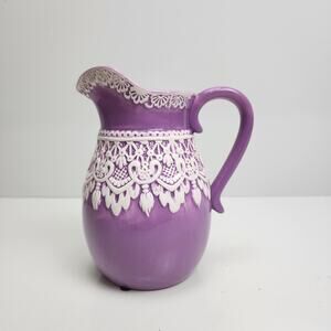 Beautiful Vintage Dainty Purple & White Water Pitcher w/ Handle Home Decor